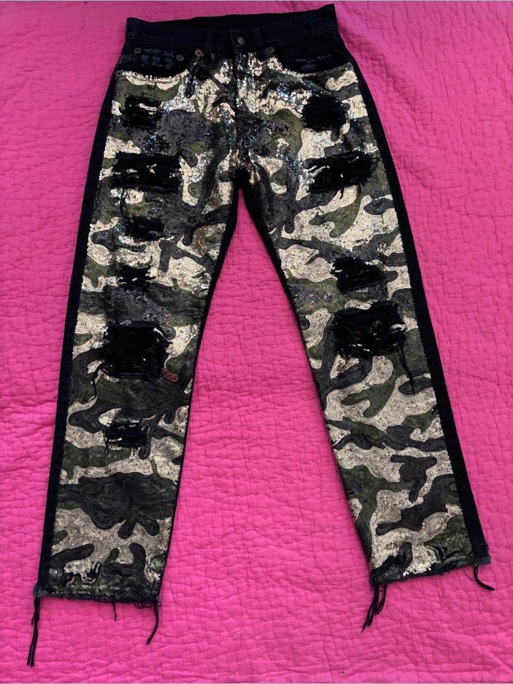 R13 Women's Sequin Camo Jeans in Green and Black, size 24